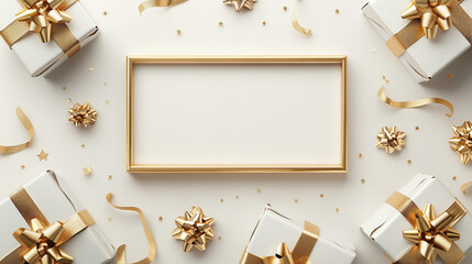 Festive arrangement of gifts with empty frame for personalized message or decoration