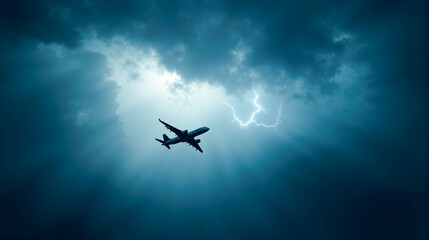 Naklejka premium Airplane flying through dark storm clouds amidst flashes of lightning