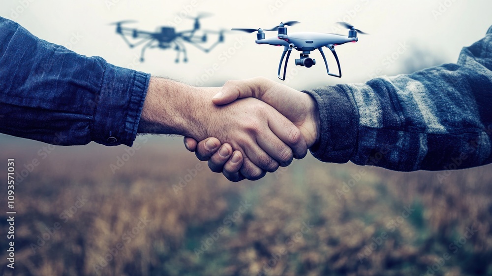 Poster a handshake between two individuals with drones in the background, symbolizing collaboration.