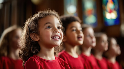 Fototapeta premium Photo of children singing in church choir, close up, singing, kids performing on stage, singer, girls and boys singing at school concert