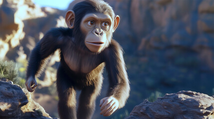 Naklejka premium Australopithecus afarensis juvenile climbing through rocky terrain, showcasing natural agility. 