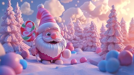 Pink Santa Claus Holds Candy Cane In Winter Wonderland