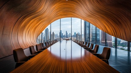 Obraz premium Modern panoramic conference room with city view.