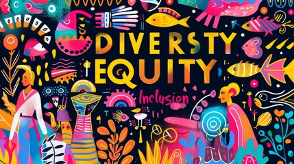 A vibrant poster with the words DIVERSITY EQUITY Inclusion prominently displayed in bold, colorful lettering