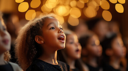 Fototapeta premium Photo of children singing in church choir, close up, singing, kids performing on stage, singer, girls and boys singing at school concert, african american musician