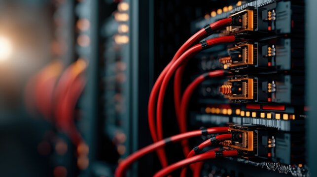 A detailed close-up of a data server rack filled with connected red cables, showcasing the intricate network of technology in modern computing environments.