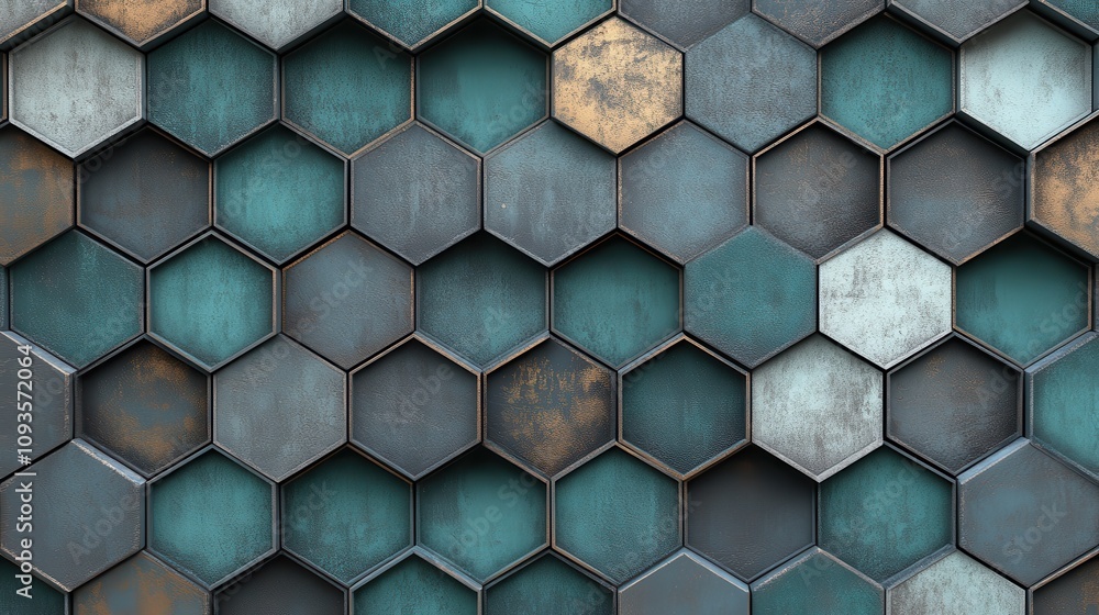 Poster a textured hexagonal pattern in varying shades of blue and gray metal.