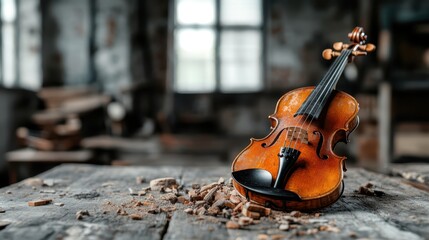 A classic wooden violin rests on a rustic workbench, surrounded by wood shavings, representing...