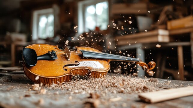 A violin set amidst dynamic flying wood shavings in a workshop, symbolizing vibrant creativity, intense craftsmanship, and artistic excellence in instrument making.