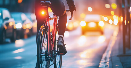 A cyclist rides through a bustling city street at twilight.