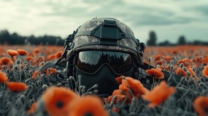 A tactical helmet with goggles rests amidst vibrant poppy flowers, blending modern military gear with nature in a thought-provoking contrast of eras.