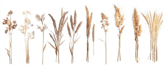 Dried beige and brown grass stems and wheat stalks isolated on white.