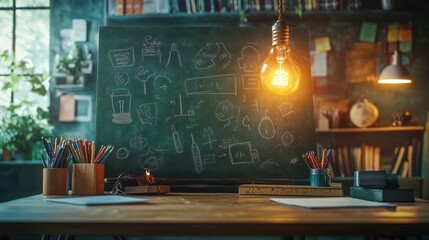 A wooden desk with school supplies in front of a chalkboard with drawings and a light bulb.