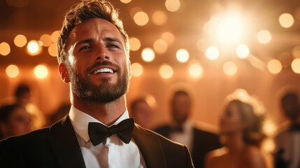 A handsome man in a tuxedo smiles confidently amidst a backdrop of festive lights, exuding charm and sophistication at a glamorous event or celebration.