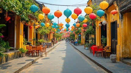 Colorful lanterns adorn a vibrant street in Hoi An, Vietnam, creating a picturesque scene with charming shops and cafes.
