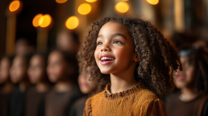 Photo of children singing in church choir, close up, singing, kids performing on stage, singer, girls and boys singing at school concert, african american musician