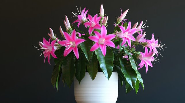 Pink Hatiora Flowers Blooming In White Pot