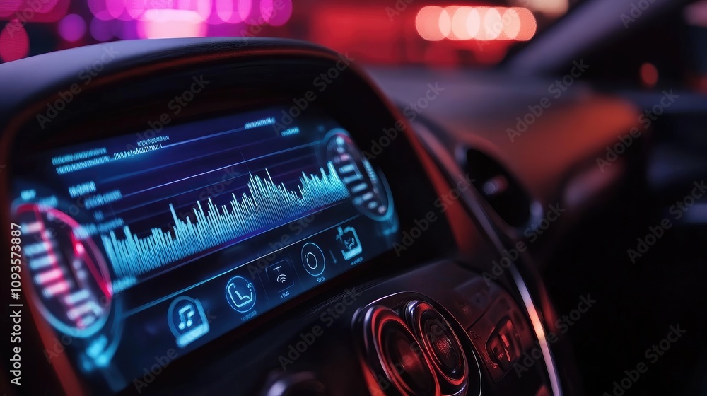 Aufkleber illuminated car dashboard displaying audio equalizer.