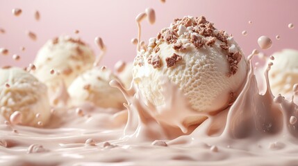 A dynamic shot of ice cream sphere splashing in a creamy liquid, crowned with crumbled bits, illustrating indulgence and the joy of sweet treats.