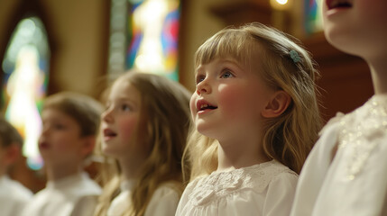 Fototapeta premium Photo of children singing in church choir, close up, singing, kids performing on stage, singer, girls and boys singing at school concert