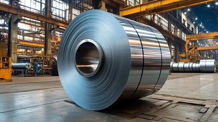 A large, shiny metal coil in a brightly lit industrial warehouse setting captures the essence of manufacturing and the strength of raw materials in production.
