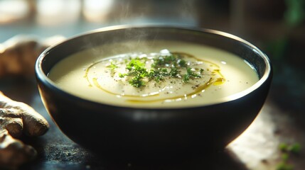 Creamy Ginger Soup Garnish With Fresh Herbs