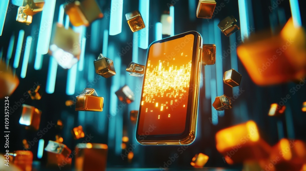 Aufkleber smartphone displaying glowing data stream amid falling cubes and neon lines.