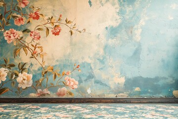 Faded Vintage Wallpaper with Floral Pattern