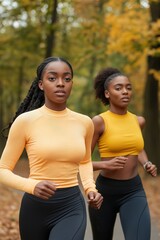 Fototapeta premium Two women running in the woods, one wearing a yellow top and the other wearing a black top