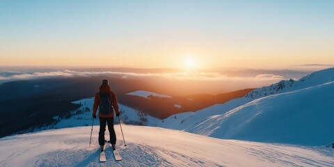 A skier is standing on a snowy mountain, looking out at the beautiful sunset. Concept of adventure and excitement, as the skier is ready to take on the challenge of skiing down the mountain