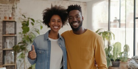 Fototapeta premium A man and woman are smiling and giving thumbs up to the camera. The man is wearing a yellow shirt and the woman is wearing a blue jacket. The room they are in has a lot of plants