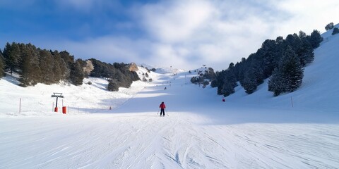 A skier is skiing down a snow-covered slope. The sky is clear and the snow is fresh