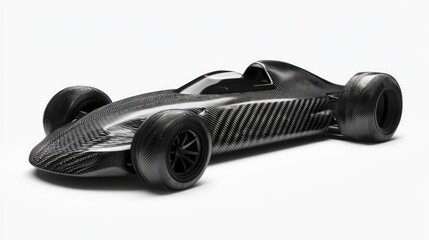 Sleek black race car with carbon fiber body, isolated on white.