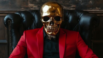 A person wearing a shiny golden skull mask and a striking red suit sits in an elegant black leather chair, creating a mysterious and dramatic atmosphere.
