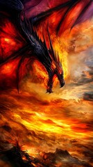 A red dragon flying through the sky at sunset