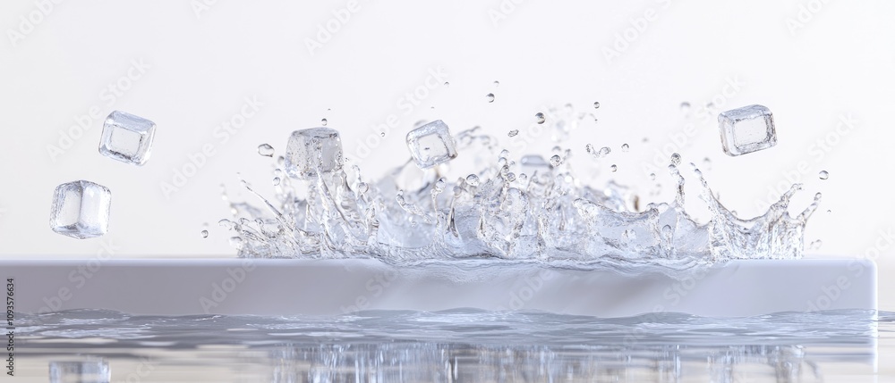 Poster ice cubes splashing into water, creating a crown splash.