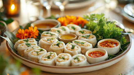 Lumpia rolls arranged on a round platter with sweet chili, garlic soy, and spicy peanut sauces, garnished with fresh herbs and edible flowers, set against a festive table backdrop.