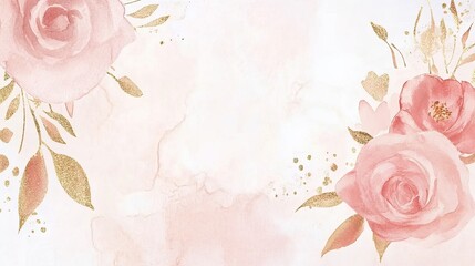 Delicate Pink Roses and Gold Accents Watercolor Painting