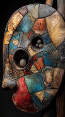 A close up of a wooden mask on a black background