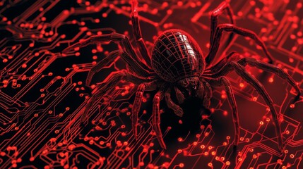 A symbolic digital spider intricately crawling over a glowing red circuit board backdrop, representing technological and cyber-related concepts in a futuristic style.