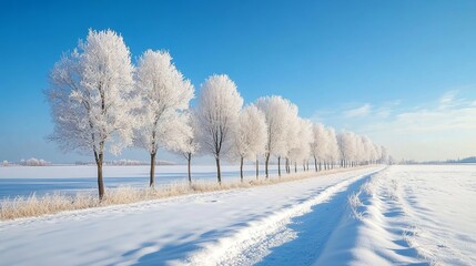 Obraz premium A picturesque row of frosty trees borders a tranquil snow-laden path beneath a vibrant blue sky, evoking solitude and serenity in a winter wonderland landscape.
