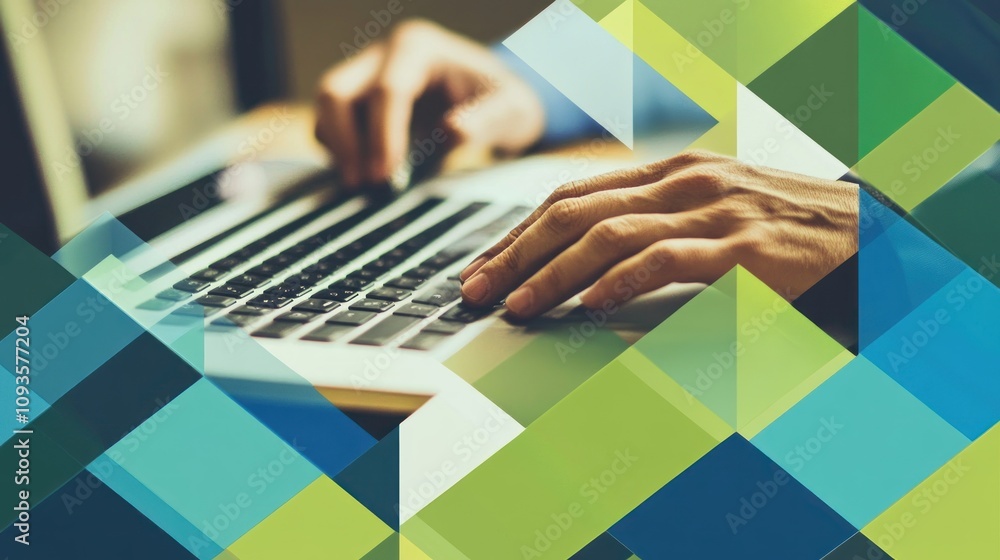 Poster a close-up of hands typing on a laptop, surrounded by geometric shapes and colors.