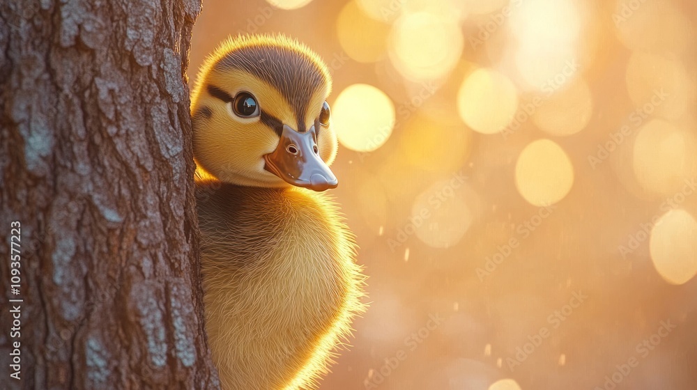 Poster a charming duckling peeks from behind a tree, illuminated by soft bokeh lighting.