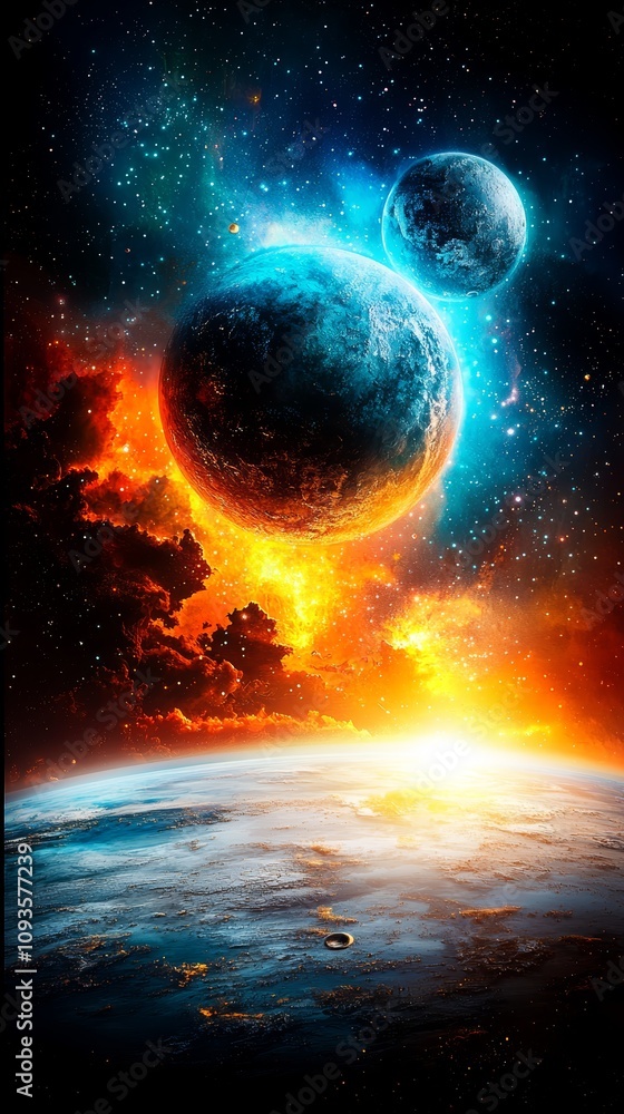 Canvas Prints a picture of two planets in the sky with stars and clouds