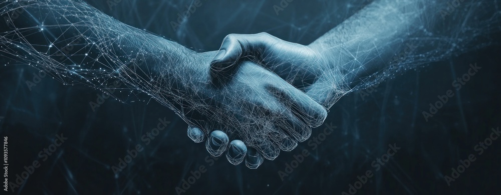 Aufkleber A digital handshake symbolizing collaboration and technology in a futuristic context.