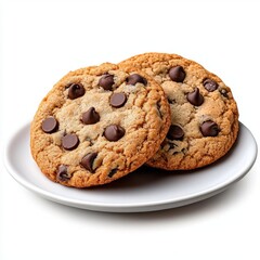 A photostock of a plate of freshly baked cookies with chocolate chips, placed on a seamless white background. High Quality