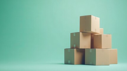 Fototapeta premium A collection of stacked cardboard boxes, carefully arranged with a vivid green backdrop, symbolizing handling, packing efficiency, and simplicity in logistics.