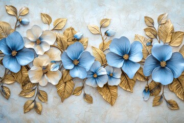 Decorative mural featuring blue flowers and golden leaves, ideal backdrop for a wedding photo album