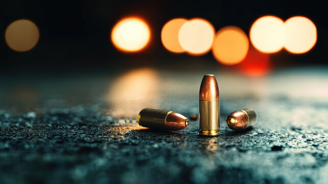 Artfully arranged bullets on a textured surface, illuminated by a backdrop of dramatic bokeh lights, suggesting themes of power or reflection.