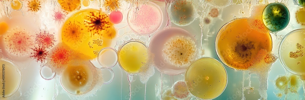 Poster Abstract representation of colorful microorganisms in a fluid environment.
